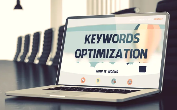 Keywords Optimization on Laptop in Conference Hall. 3D. — Stock Photo, Image