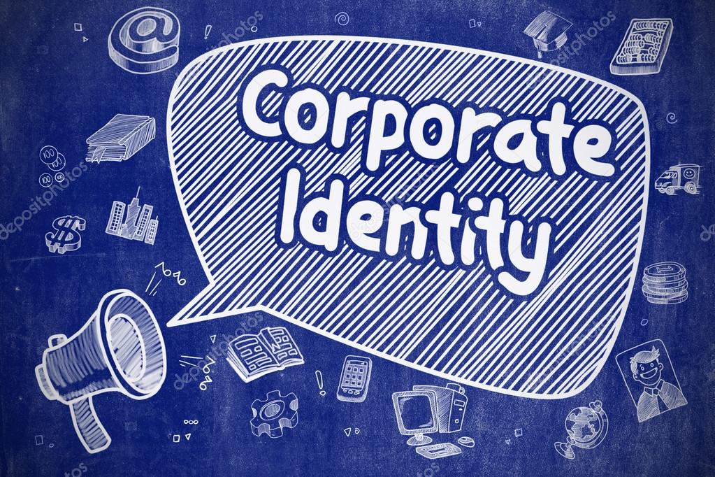 Shouting Megaphone with Text Corporate Identity on Speech Bubble. Hand Drawn Illustration. Business Concept.