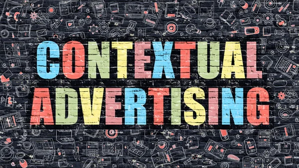 Mehrfarbige kontextbezogene Werbung auf dunkler Ziegelwand. — Stockfoto