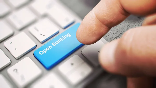 銀行を開く-青いキーボードボタンのテキスト。3D. — ストック写真