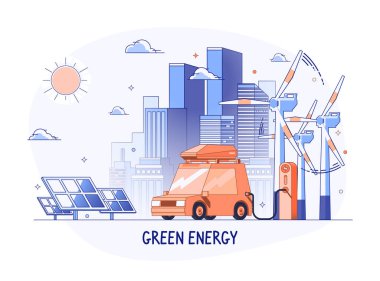 Güneş panelleri ve rüzgar türbinleri olan şehir manzarası.