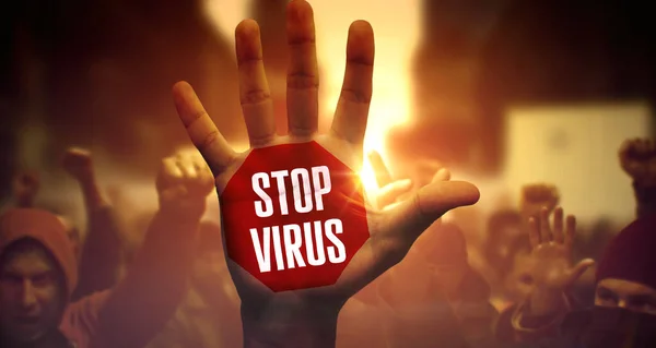 Stop Virus - dav různorodých lidí na demonstraci. — Stock fotografie