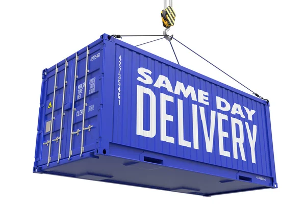Dezelfde dag levering op blauwe cargo container. — Stockfoto