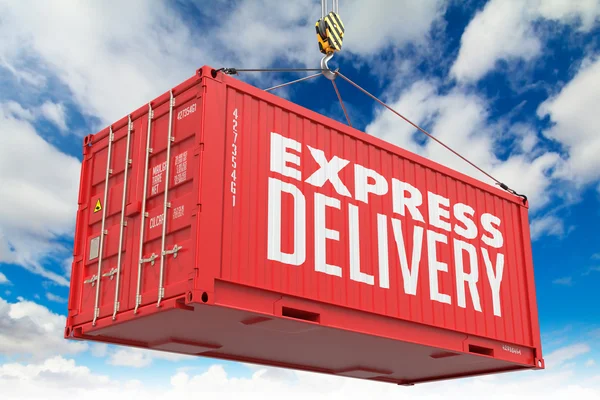 Express Delivery - Red Hanging Cargo Container. — Stock Photo, Image