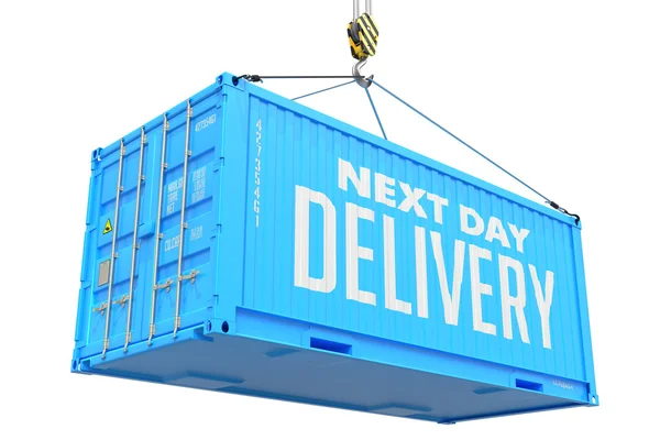 Další den doručení - modrá visí nákladní kontejner. — Stock fotografie