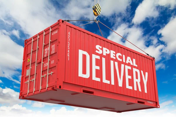 Special Delivery - Red Hanging Cargo Container. — Stock Photo, Image