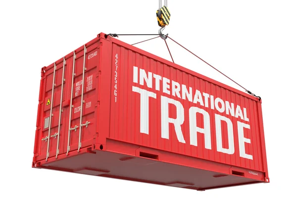 Internationaler Handel - roter hängender Frachtcontainer. — Stockfoto
