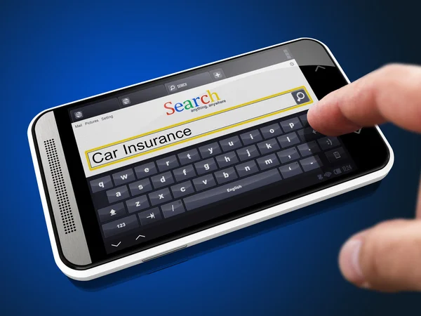 Car Insurance, a keresési karakterlánc, a Smartphone. — Stock Fotó