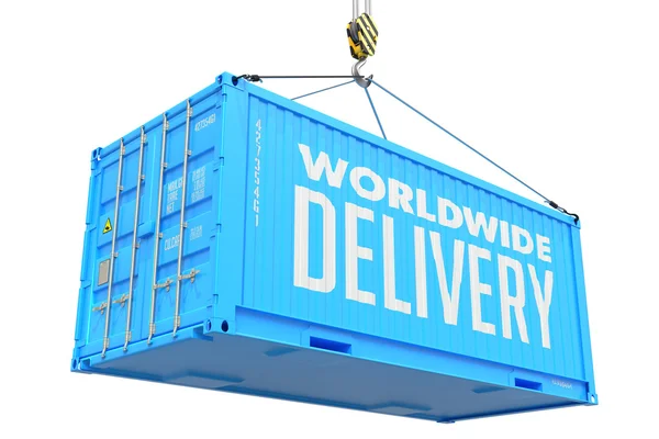 世界全体で配信 - 青いぶら下がって貨物コンテナー. — ストック写真