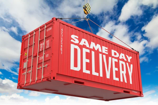 Same Day Delivery - Red Hanging Cargo Container. — Stock Photo, Image