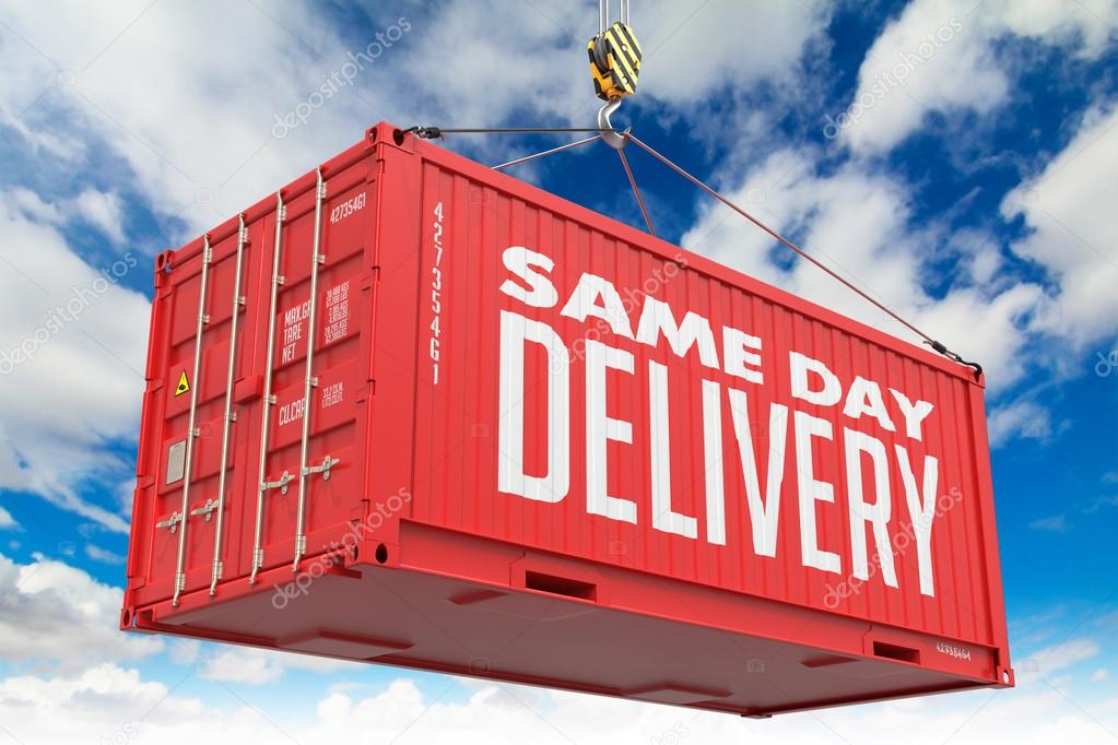 Same Day Delivery - Red Hanging Cargo Container.