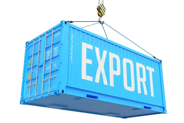Export, modré nákladní kontejner vyvěšena s háčkem. — Stock fotografie