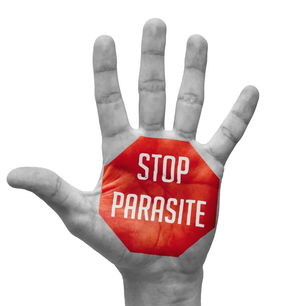 Stopp-Parasiten-Schild bemalt, offene Hand erhoben. — Stockfoto