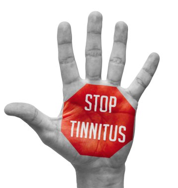 Stop Tinnitus Sign Painted, Open Hand Raised. clipart