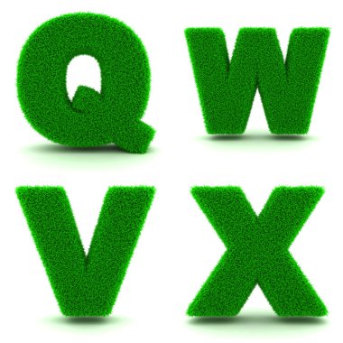 Harf Q, W, V, X 3d yeşil çimen - ayarla.