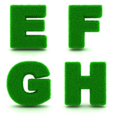 Harf E, F, G, H. alfabe seti yeşil çimen.
