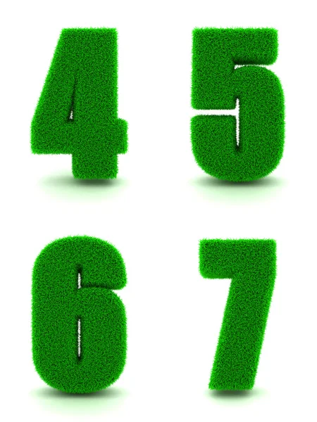 Cyfry 4, 5, 6, 7 3D zielona trawa - zestaw. — Zdjęcie stockowe