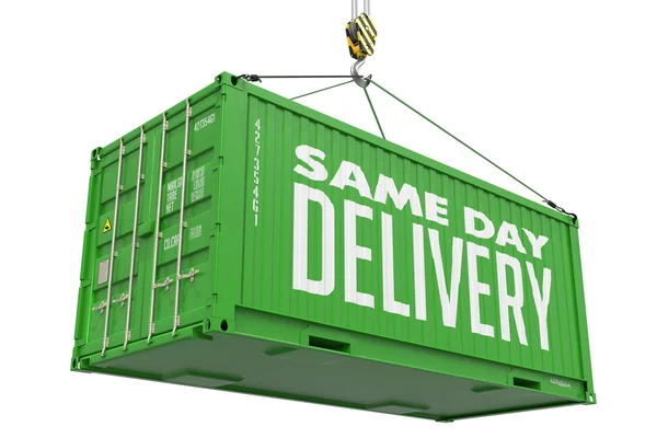 Same Day Delivery - groene opknoping Cargo Container. — Stockfoto