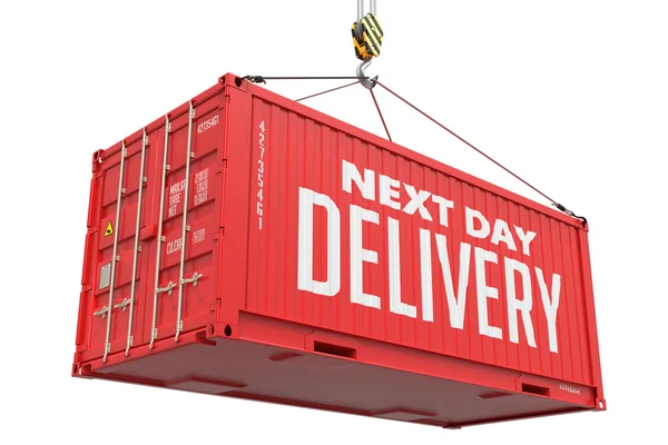 Next Day Delivery op rood metalen Container. — Stockfoto