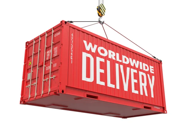 Worldwide Delivery - Red Hanging Cargo Container. — Stock Photo, Image