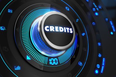 Credits Button with Glowing Blue Lights. clipart