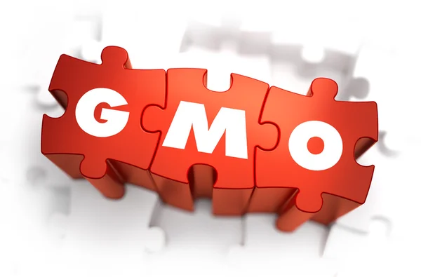 OGM - Texto sobre quebra-cabeças vermelhos . — Fotografia de Stock