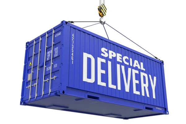 Special Delivery -Blue Hanging Cargo Container. — Stock Photo, Image