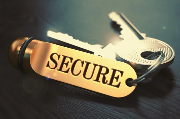 Sicuro - Un mucchio di chiavi con testo su Golden Keychain . — Foto Stock