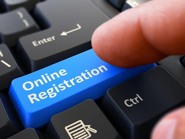 Registro online - Escrito na tecla azul do teclado . — Fotografia de Stock