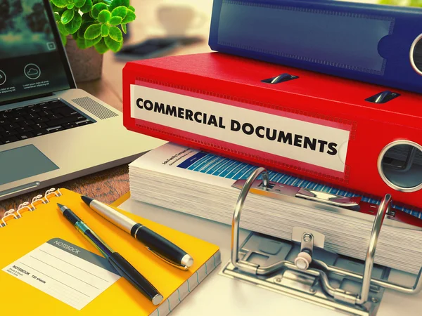 Red Office Folder with Inscription Commercial Documents. — Stok fotoğraf