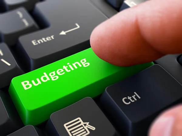 Finger Presses Green Keyboard Button Budgeting. — Stock Photo, Image