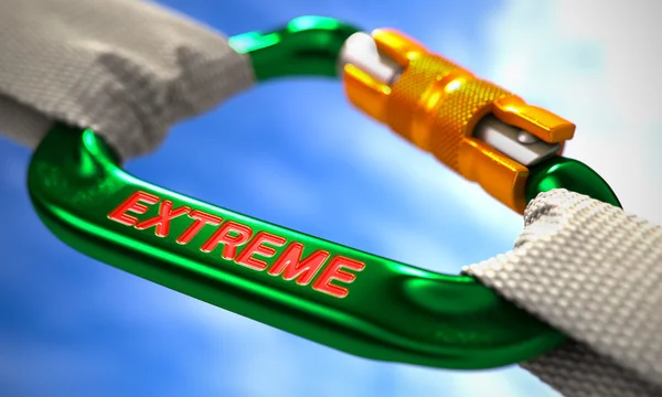 Extreme on Green Carabiner between White Ropes. — Zdjęcie stockowe