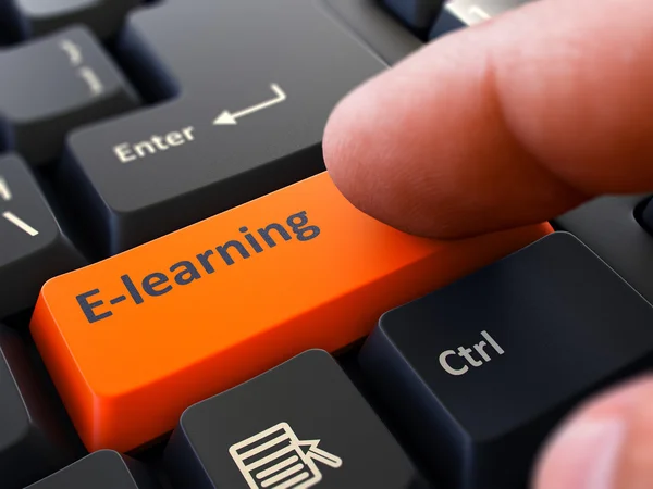 Finger Presses Orange Keyboard Button E-Learning. — 图库照片