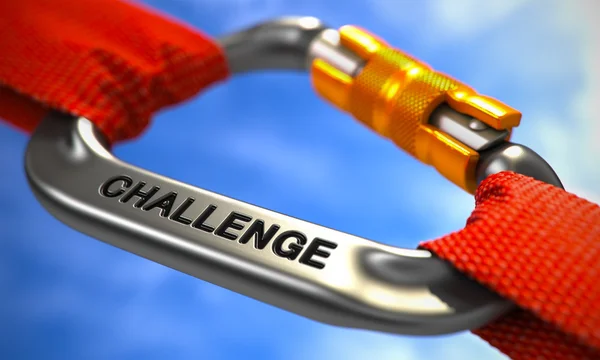 Challenge on Chrome Carabiner between Red Ropes. — Stock Photo, Image