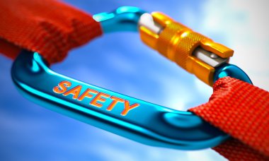 Blue Carabiner with Text Safety.