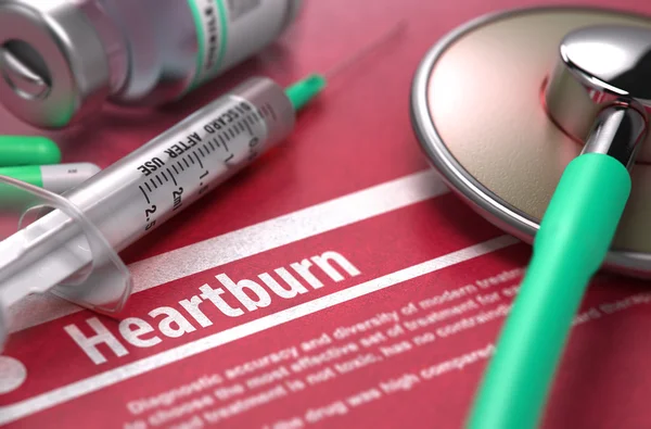 Heartburn - Printed Diagnosis on Red Background. — Stock Photo, Image