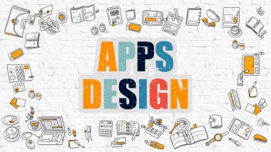Multicolor Apps Design on White Brickwall. Doodle Style.