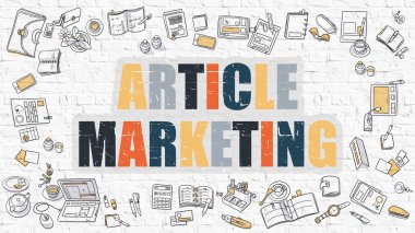 Multicolor Article Marketing on White Brickwall. Doodle Style.