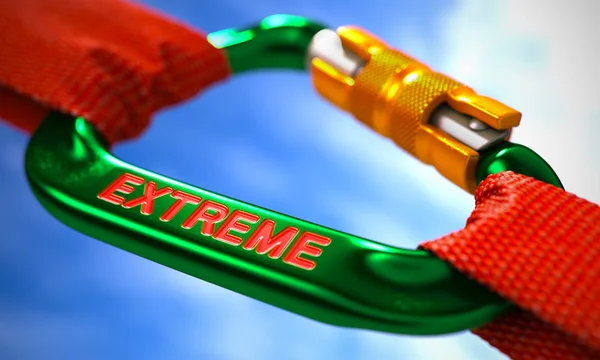 Extreme on Green Carabiner between Red Ropes. — Stock fotografie