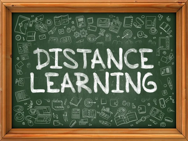 Hand Drawn Distance Learning on Green Chalkboard. — Stockfoto