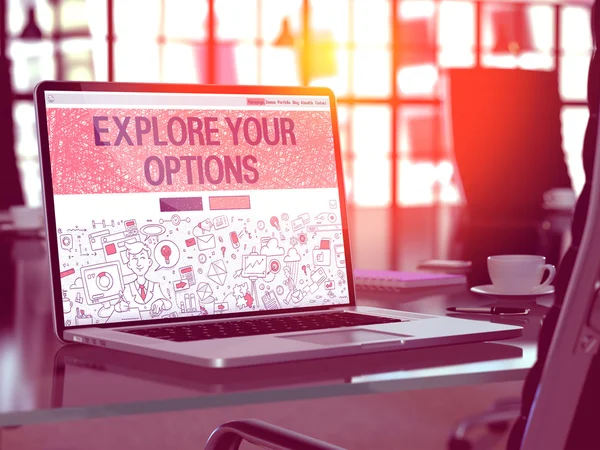 Explore Your Options on Laptop in Modern Workplace Background. — Stok fotoğraf