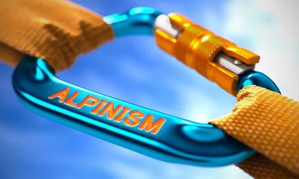 Blue Carabiner with Text Alpinism. — Stock Photo, Image