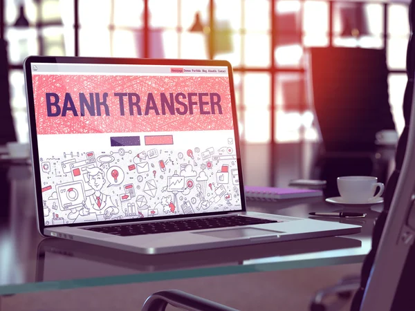 Bank Transfer on Laptop in Modern Workplace Background. — Stok fotoğraf