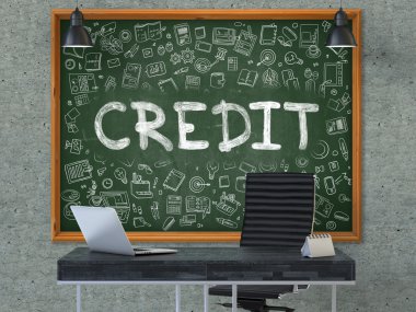 Credit on Chalkboard with Doodle Icons.