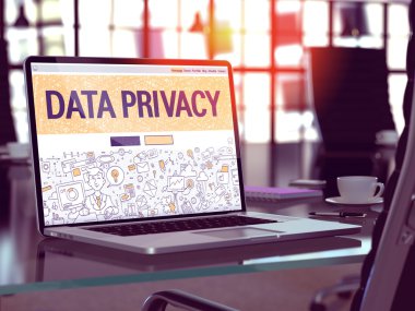 Data Privacy on Laptop in Modern Workplace Background.
