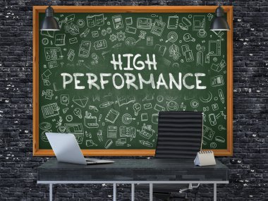 High Performance Concept. Doodle Icons on Chalkboard.