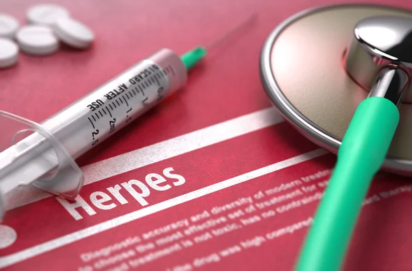 Herpes. medizinisches Konzept auf rotem Hintergrund. — Stockfoto