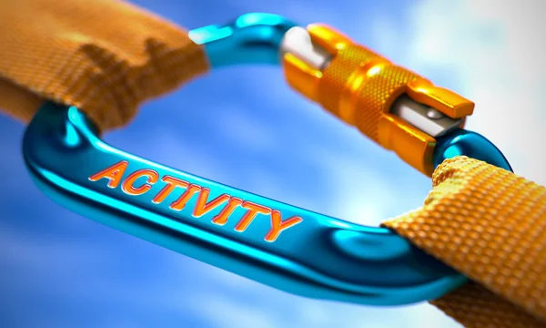 Activity on Blue Carabiner between Orange Ropes. — Zdjęcie stockowe