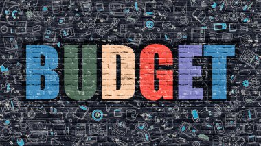 Multicolor Budget on Dark Brickwall. Doodle Style.
