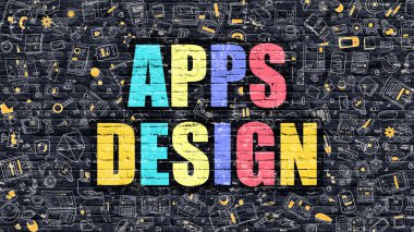 Multicolor Apps Design on Dark Brickwall. Doodle Style.